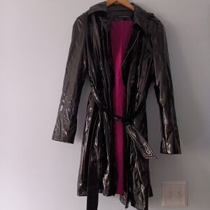 Via Spiga Black Patent Faux Leather Belted Button Front Trench Coat L